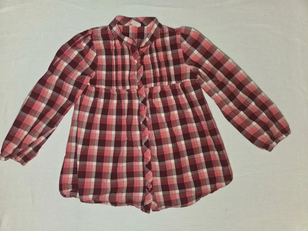 Oshkosh B'Gosh 100% Cotton Red & Pink Plaid Button Up Long Sleeve Shirt Size 5